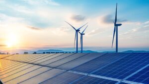Image of solar panels and wind turbines with sunset on the horizon