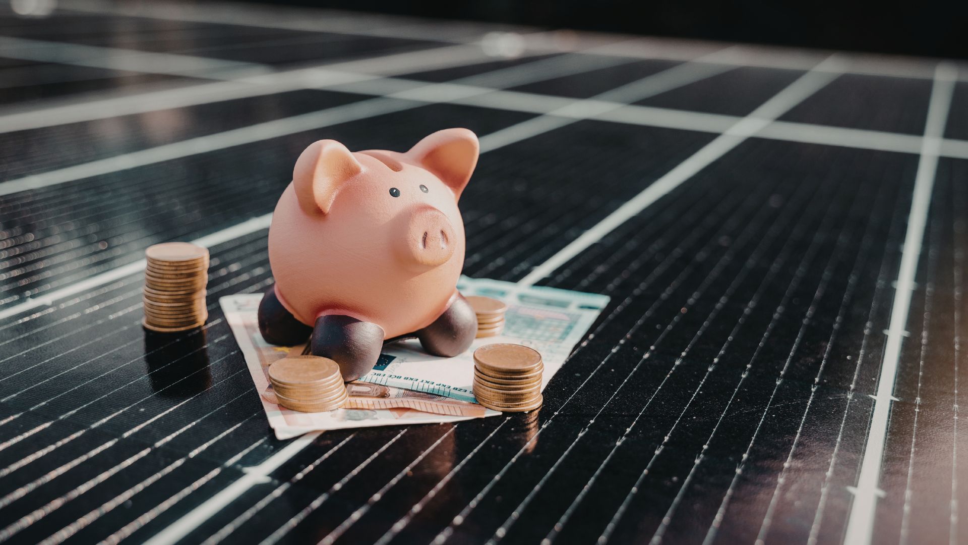 Piggy bank with coins and banknotes resting on a commercial solar panel, representing the financial savings and return on investment from solar energy financing for South African businesses